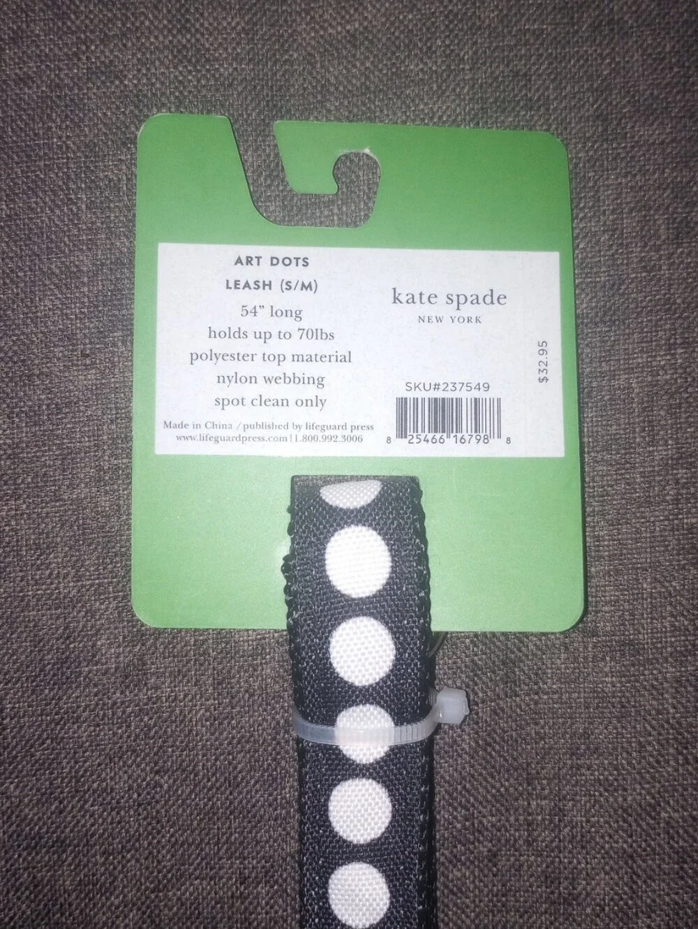 kate spade Black and White Polka Dot Dog Leash with Gold Hardware